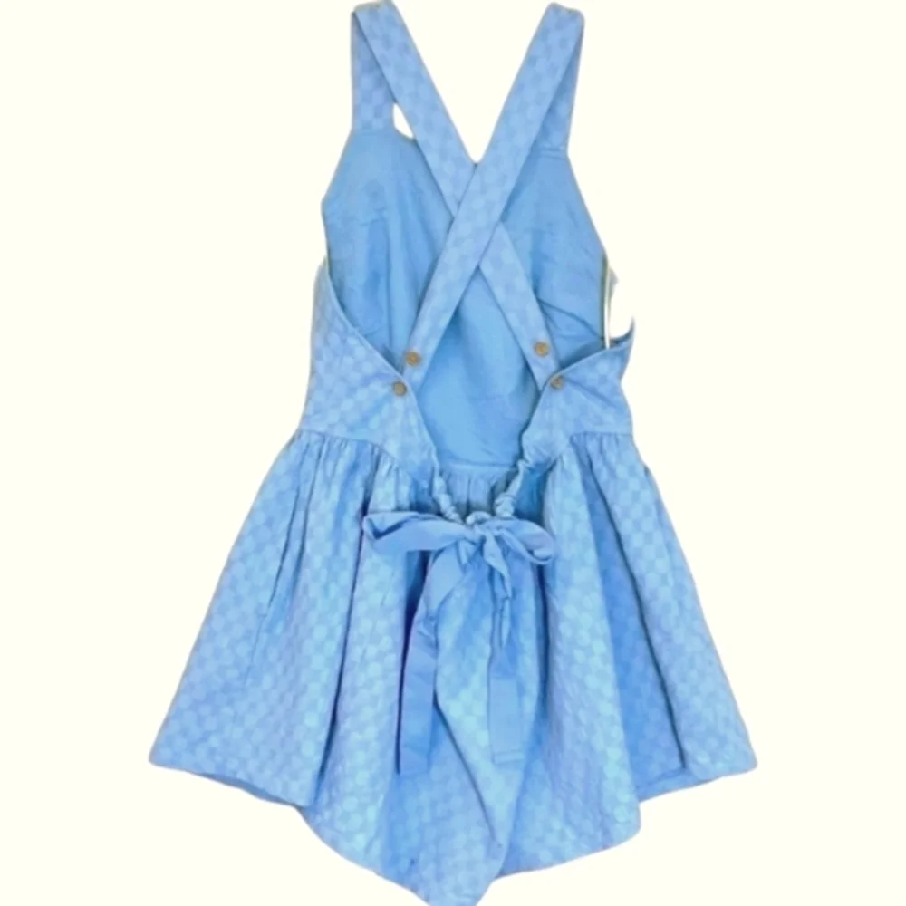 FREE PEOPLE VaVa Volume Mini Dress Blue Egret Jacquard Criss-Cross Strap XS NWOT - Picture 7 of 13